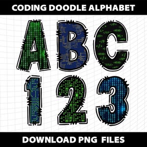 Może przedstawiać: Zestaw liter i cyfr alfabetu w stylu kodowania. Litery A, B i C są czarne z zielonymi i niebieskimi wzorami płytek drukowanych. Cyfry 1, 2 i 3 są czarne z zielonymi wzorami płytek drukowanych.