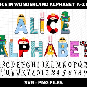 Letras del alfabeto de Alicia en el país de las maravillas Cliparts Fuente Svg Png Número Fiesta de cumpleaños Descargar Archivo digital Diseño Imprimible Sublimación 1 2 3 4