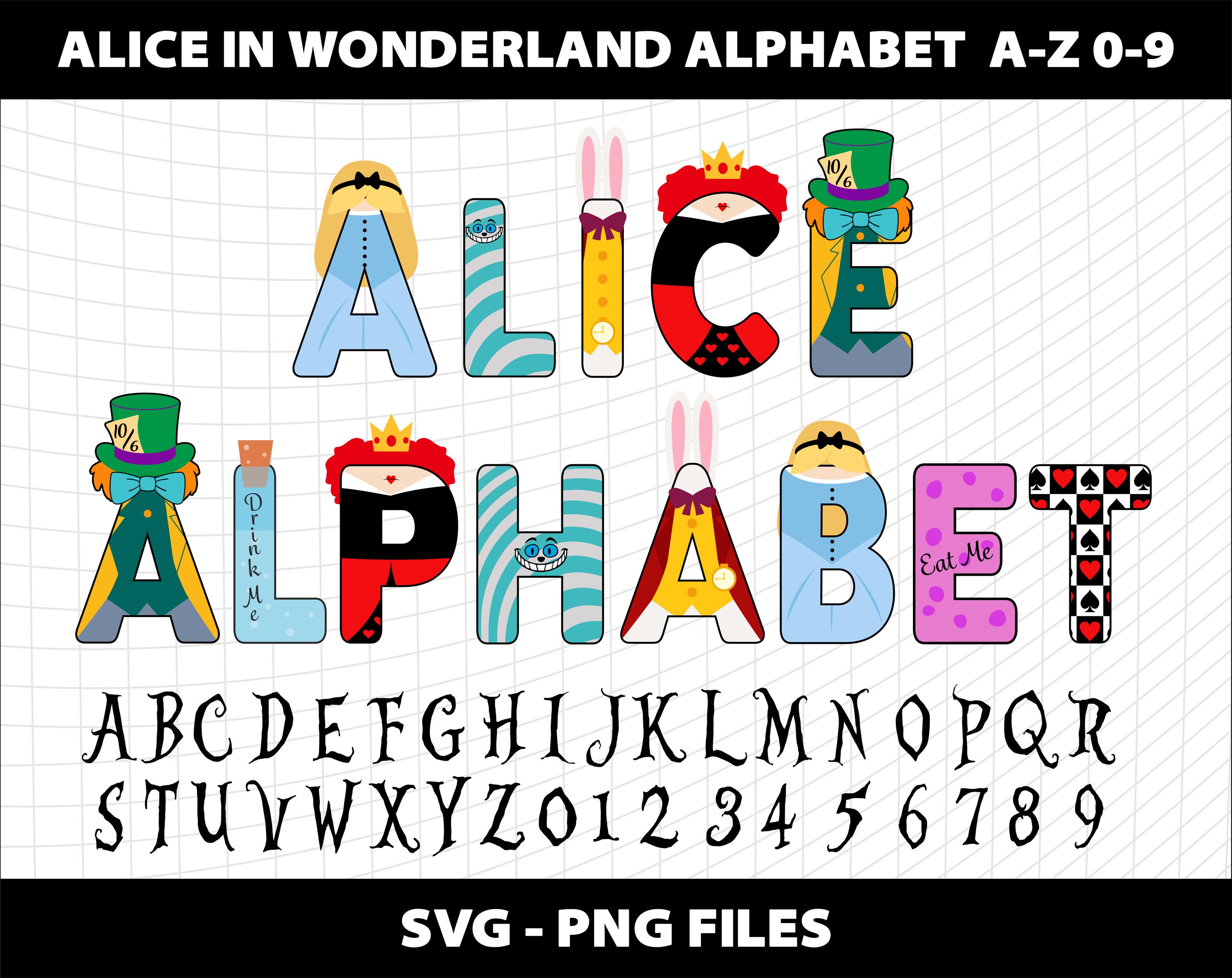 Alice in Wonderland Alphabet Letters Cliparts Font Svg Png Number Birthday Party Download Digital File  Design Printable Sublimation 1 2 3 4