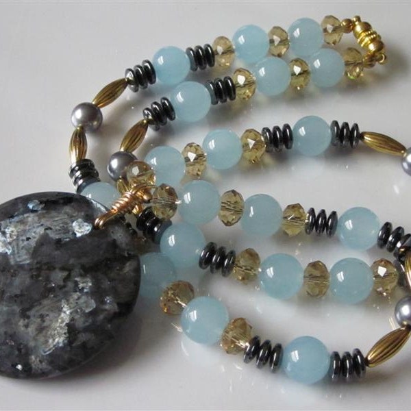 Gemstone Pendant Necklace, Aquamarine, Larvikite, Hematite