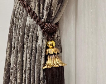 Gold Curtain Tiebacks - Decorative Long Tassel Holdbacks - Elegant Rope Tie Backs for Drapes
