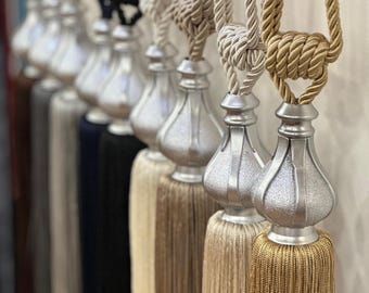 Handmade Tassel Curtain Ties - Silver Hook, Living Room Decor (Set of 2)