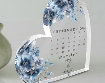 Personalized Wedding Calendar Acrylic Heart Plaque: Floral Keepsake Gift