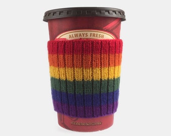 Hand Knit LGBTQ+ Rainbow Pride Eco Friendly Coffee Cup Cozy Sleeve