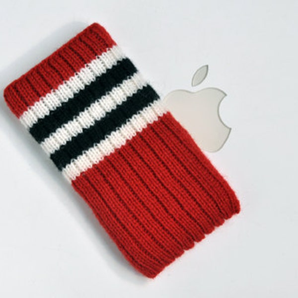 Hand Knit Apple iPod Classic Cozy | Apple iPod Sock | Apple iPod Classic Cover | iPod Case - Chicago Blackhawks Hockey Sock Design