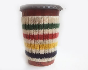 Hand Knit Canada Hudson's Bay Point Blanket Style Canadian Coffee Cup Cozy Mug Sleeve