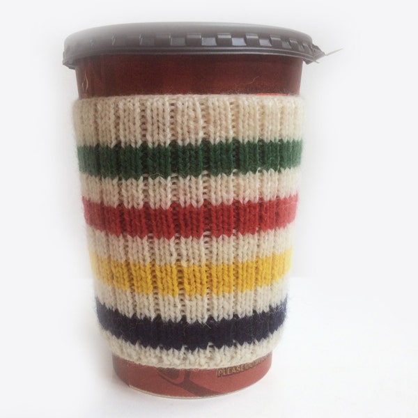 Hand Knit Canada Hudson's Bay Point Blanket Style Canadian Coffee Cup Cozy Mug Sleeve