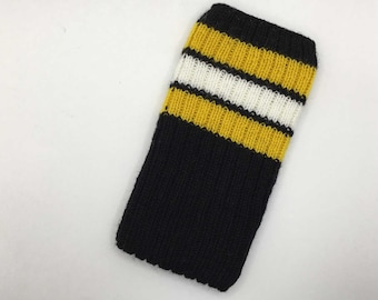 Hand Knit Phone Sleeve | Phone Cozy | Phone Cover | Phone Sock | Phone Case | Phone Pouch - Boston Bruins Hockey Sock Design