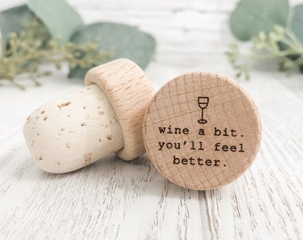 Wine A Bit Personalized Bottle Stopper Cork, Custom Engraved Wedding Favor, Bridal Shower Gift