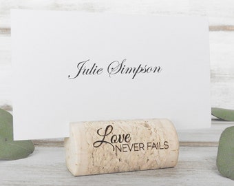 Custom Printed Wine Cork Place Card Holders, "Love Never Fails" - Weddings - Parties