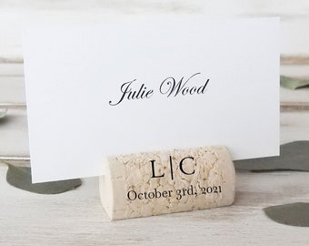 Wine Cork Place Card Holders, Initials and Date, Wedding Place Card Holder, Personalized Cork Card Holder, Rustic Table Decor, Table Setting