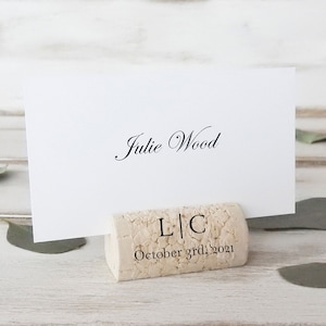 Wine Cork Place Card Holders, Initials and Date, Wedding Place Card Holder, Personalized Cork Card Holder, Rustic Table Decor, Table Setting