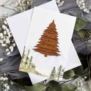 Personalized Wedding Save The Date Card with Rustic Mountain Tree Magnet, Bamboo Wood-Like Leatherette