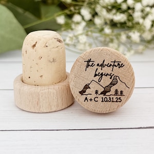 Adventure Begins Personalized Wine Bottle Stopper Bridal Shower Wedding Shower Favor Cork Bottle Stopper Custom Wine Stopper Wedding Favor