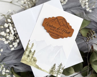 Personalized Wedding Save The Date Magnet Cards Vegan Leather Rustic Mountain Custom Wedding Announcement Wood Magnet Boho Unique & Elegant