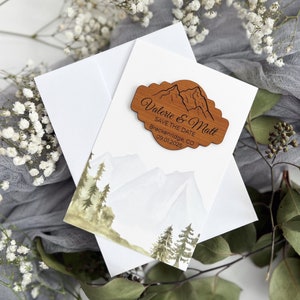 Personalized Wedding Save The Date Magnet Cards Vegan Leather Rustic Mountain Custom Wedding Announcement Wood Magnet Boho Unique & Elegant