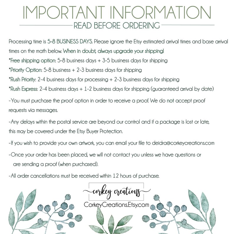 Important information before ordering. Make sure you always upgrade your shipping and the Etsy estimates for delivery may be incorrect. Processing time is 5-8 business days unless you purchase as rush option, then it will be faster.