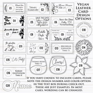 May include: A selection of vegan leather card design options, suitable for events. The designs include floral, tropical, and text-based examples, such as "Save the Date" and "Let's Party!" on white cards.