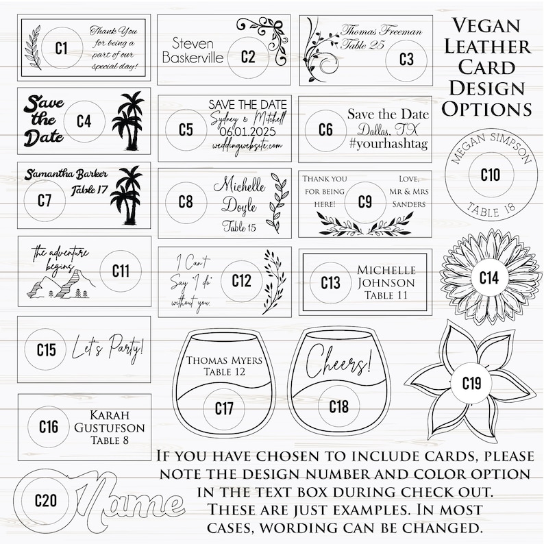 May include: A selection of vegan leather card design options, suitable for events. The designs include floral, tropical, and text-based examples, such as "Save the Date" and "Let's Party!" on white cards.