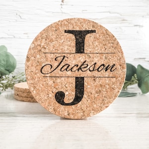 Personalized Coaster Set of 4 Cork Coasters Last Name Wreath Coaster Gift Set Custom Coaster Christmas Gift, Holiday Gift, Wedding Gift Initial last name