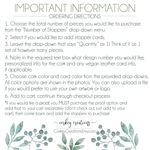 May include: A white background with text detailing ordering instructions for cork stoppers. The text guides customers on selecting quantities, adding cards, and providing design specifications. The image also displays the Corkey Creations logo and Etsy shop URL.