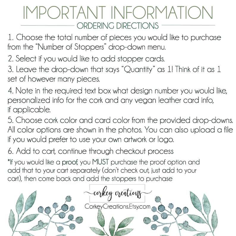 May include: A white background with text detailing ordering instructions for cork stoppers. The text guides customers on selecting quantities, adding cards, and providing design specifications. The image also displays the Corkey Creations logo and Etsy shop URL.