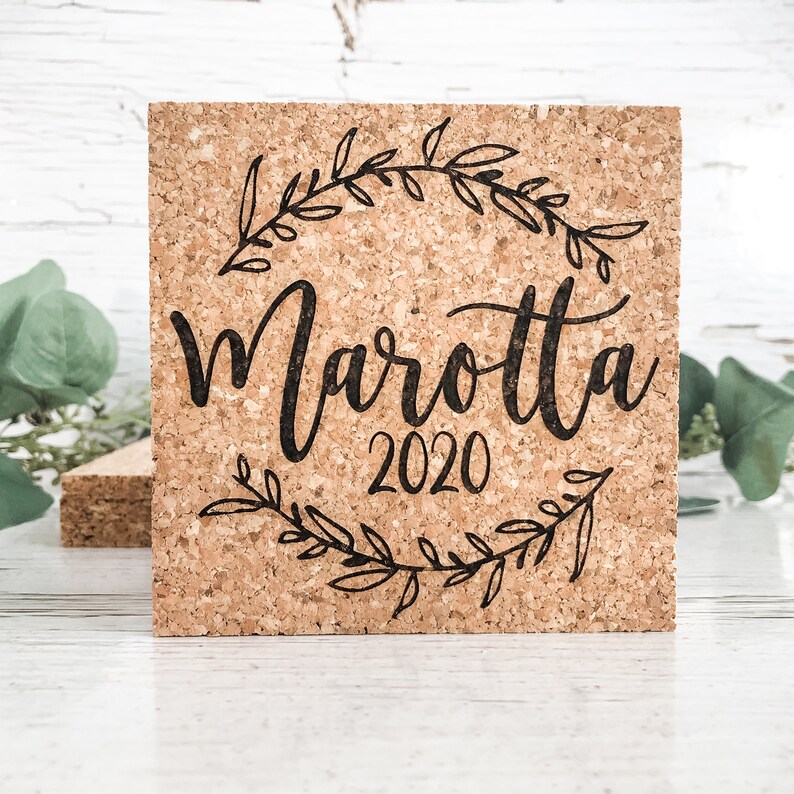 Personalized Coaster Set of 4 Cork Coasters Last Name Wreath Coaster Gift Set Custom Coaster Christmas Gift, Holiday Gift, Wedding Gift Last Name Square