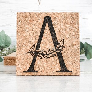 Personalized Coaster Set of 4 Cork Coasters Last Name Wreath Coaster Gift Set Custom Coaster Christmas Gift, Holiday Gift, Wedding Gift Leaf Letter