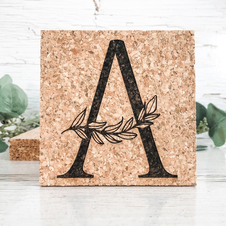 Personalized Coaster Set of 4 Cork Coasters Last Name Wreath Coaster Gift Set Custom Coaster Christmas Gift, Holiday Gift, Wedding Gift Leaf Letter