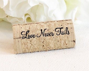 Wine Cork Place Card Holder Personalized Cork Card Holder Custom Wine Cork Placecard Holder Rustic Themed Wedding Love Never Fails