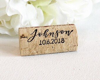 Personalized Wine Cork Place Card Holder Cork Card Holder Wine Cork Name Card Holder Placecard Holder Rustic Themed Wedding Last Name Date