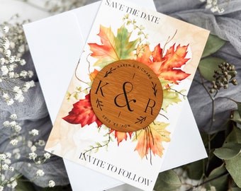 Personalized Wedding Save The Date Magnet Card Vegan Leather Rustic Custom Fall Wedding Announcement Wood Magnet Boho Autumn Leaves Colorful