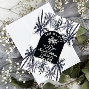 Personalized Wedding Save The Date Magnet Card Vegan Leather Custom Beach Wedding Announcement Wood Magnet Boho Unique Tropical Palm Trees