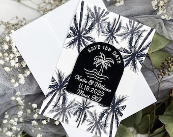 Personalized Wedding Save The Date Magnet Card Vegan Leather Custom Beach Wedding Announcement Wood Magnet Boho Unique Tropical Palm Trees