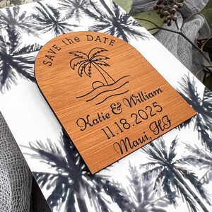 Personalized Wedding Save The Date Magnet Card Vegan Leather Custom Beach Wedding Announcement Wood Magnet Boho Unique Tropical Palm Trees image 2