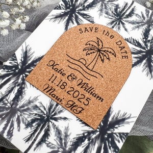 Personalized Wedding Save The Date Magnet Card Vegan Leather Custom Beach Wedding Announcement Wood Magnet Boho Unique Tropical Palm Trees image 4