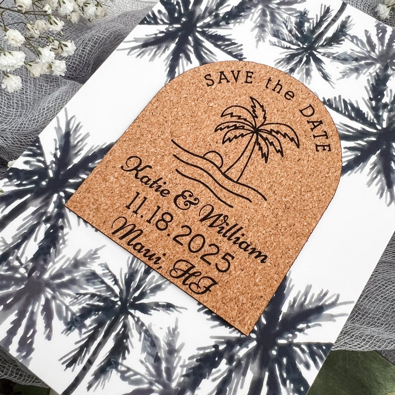 Personalized Wedding Save The Date Magnet Card Vegan Leather Custom Beach Wedding Announcement Wood Magnet Boho Unique Tropical Palm Trees image 4