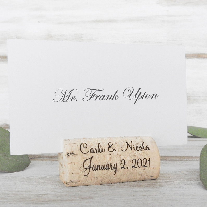 Wine Cork Place Card Holder Personalized Wine Corks Wine Cork Card Holder Wine Themed Wedding Vineyard Wedding Cork Escort Card Custom Corks Font 1 (photo 1)