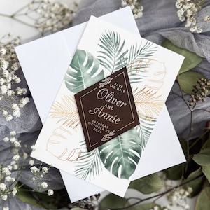 Personalized Wedding Save The Date Magnet Cards Vegan Leather Tropical Leaves Custom Wedding Announcement Beach Save The Date Destination