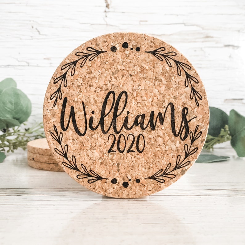 Personalized Coaster Set of 4 Cork Coasters Last Name Wreath Coaster Gift Set Custom Coaster Christmas Gift, Holiday Gift, Wedding Gift Last Name Circle