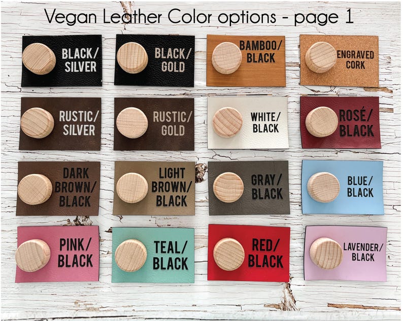 May include: A selection of vegan leather colour options with wooden knobs. The image displays various colour combinations, including black/silver, black/gold, bamboo/black, and engraved cork. The text "Vegan Leather Color options - page 1" is at the top.