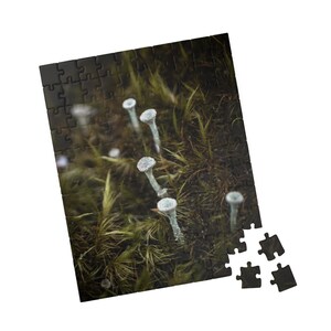 May include: A completed jigsaw puzzle featuring a close-up of small, light blue fungi with white tips, growing in a bed of green moss. Four puzzle pieces are separate from the completed puzzle.