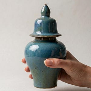 Puede incluir: Un pequeño tarro de cerámica sostenido en la mano con un esmalte brillante de color azul verdoso intenso. El recipiente presenta un cuerpo redondeado que se estrecha hacia la base y una tapa extraíble a juego con una parte superior puntiaguda.