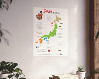 Stampa artistica di whisky giapponese, poster illustrato di distillerie di whisky giapponesi, arredamento per bar, arte murale per gli appassionati di distillerie