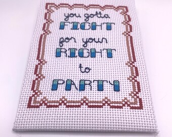 You Gotta Fight for Your Right To Party Cross Stitch Lyrics // Framed wall decor // funny cross stitch