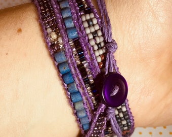 Wrap bracelet ... purples and gray ... handmade bracelet