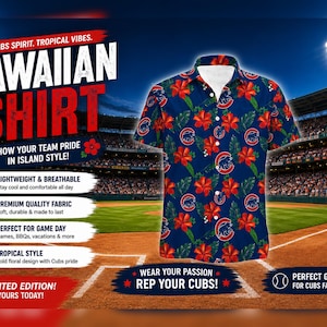 May include: A short-sleeved button-down shirt in navy blue featuring a repeating pattern of red hibiscus flowers, green tropical leaves, and the Chicago Cubs baseball team logo. The shirt has a classic collar and a white inner neckline.