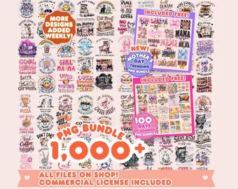 May include: A collection of PNG graphics with various designs, including cats, coffee cups, and inspirational quotes. The image includes text that says "MORE DESIGNS ADDED WEEKLY!" and "1,000+ PNG BUNDLE".