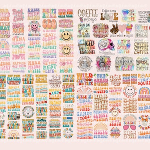 May include: A collection of colorful graphic designs on a light pink background. The designs feature various themes, including coffee, smiley faces, teacher appreciation, and summer vibes. Text includes phrases like "Coffee Lover," "Best Teacher Ever," and "Good Vibes."