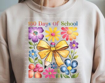 100 Days of School PNG, Floral Bow, Teacher Design (Digital Download)